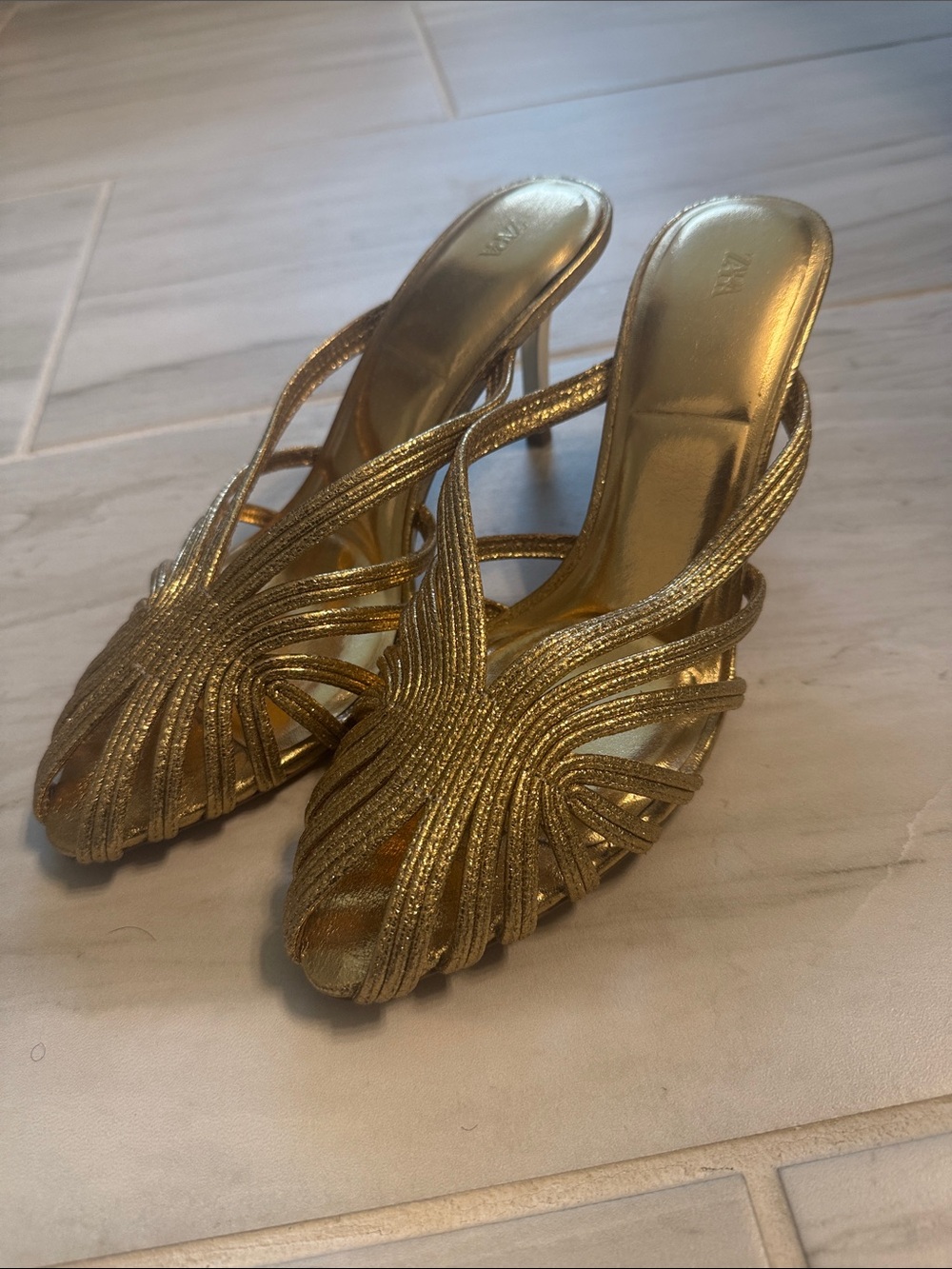 Zara Gold Strappy Mid-Heel Mules